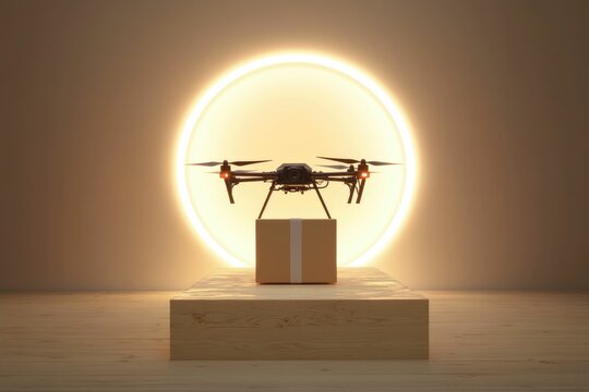 Drone delivery concept: a drone hovers above a package on a wooden platform, illuminated by a warm circle of light.