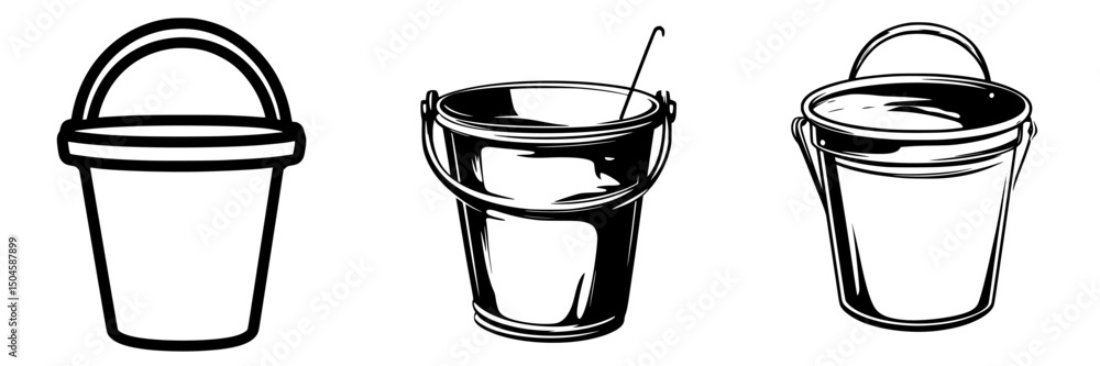 Poster icon set featuring varying designs of buckets in simple, minimalistic style with clear outlines and 