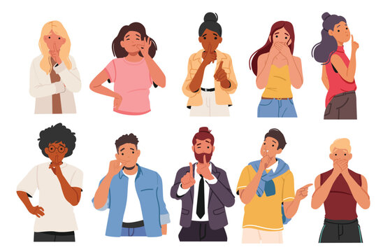 Diverse people cartoon characters showing be quiet, secrete, silence variety of gesture isolated set
