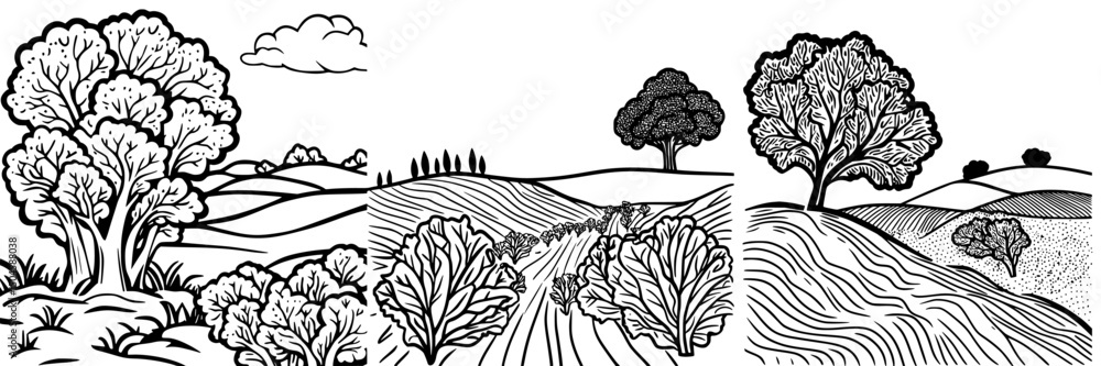 Poster Icon set featuring stylized trees and landscapes with hills and clouds in a monochrome design suitable for various applications