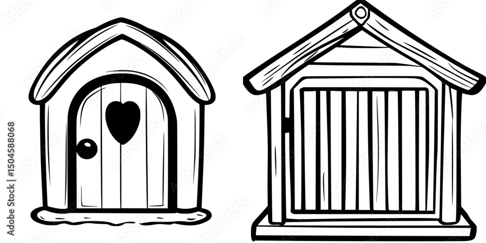 Poster icon set featuring two distinct doghouse designs showcasing simple and playful styles for creative p