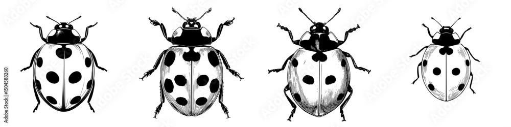 Aufkleber icon set featuring various designs of ladybugs with black and white graphics and different patterns 