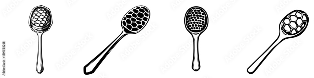 Poster icon set featuring various honey dipper designs with unique shapes and patterns suitable for culinar