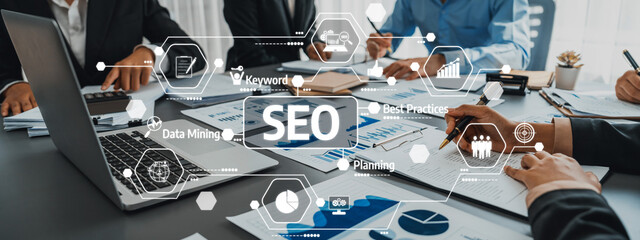 A dynamic business meeting focused on SEO strategies, featuring professionals collaborating over...