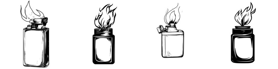 Icon set featuring four distinct lighter designs with flames in a minimalist sketch style for creative projects