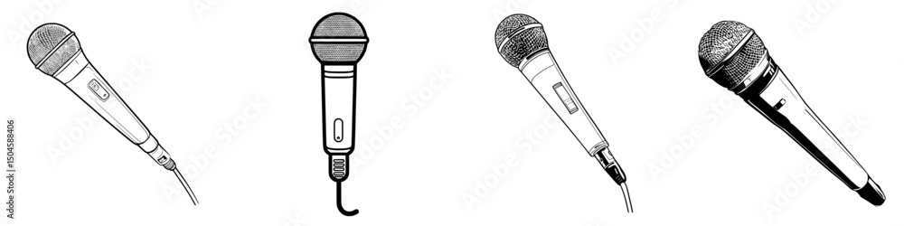 Poster icon set of microphones showcasing various designs with distinct features for creative projects and 