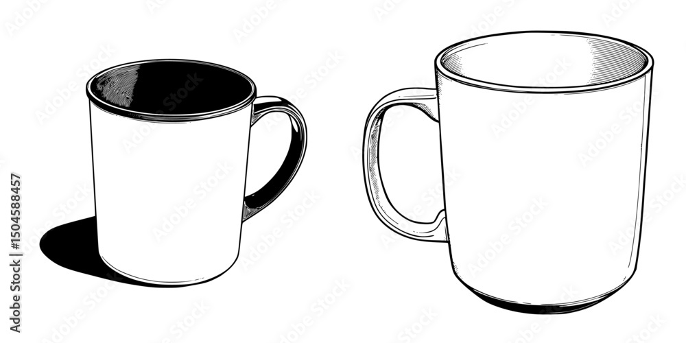 Poster unique design featuring two distinct coffee mugs with different styles and shading techniques showca