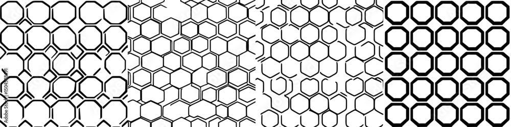 Poster unique icon set featuring varied hexagonal patterns in black and white suitable for modern design ap