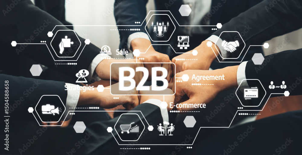 Poster the image illustrates a collaborative effort in a b2b setting, showcasing multiple hands joining tog