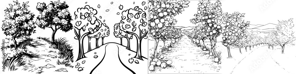 Poster detailed icon set featuring trees, pathways, and scenic views in a natural environment suitable for 