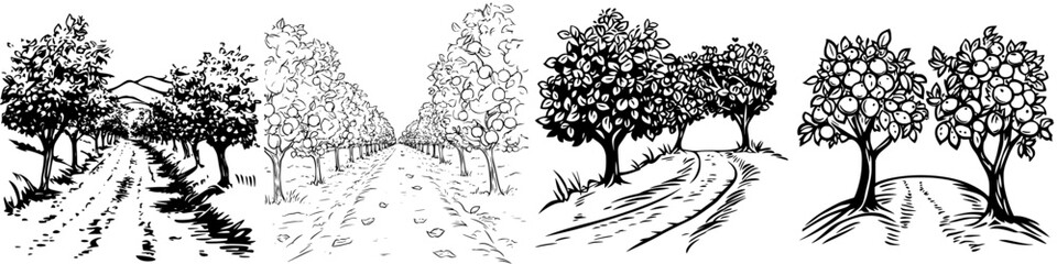Illustrative icon set depicting various tree-lined paths in a natural landscape with distinct features depicting apple, orange, and other trees