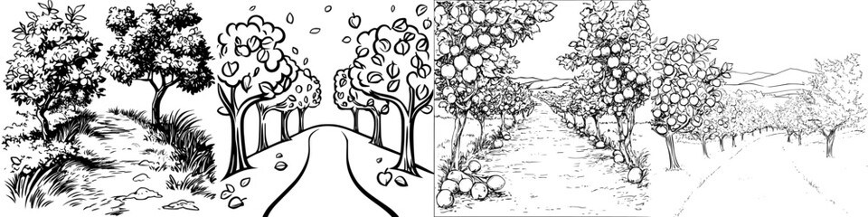 Obraz premium Detailed icon set featuring trees, pathways, and scenic views in a natural environment suitable for various design projects
