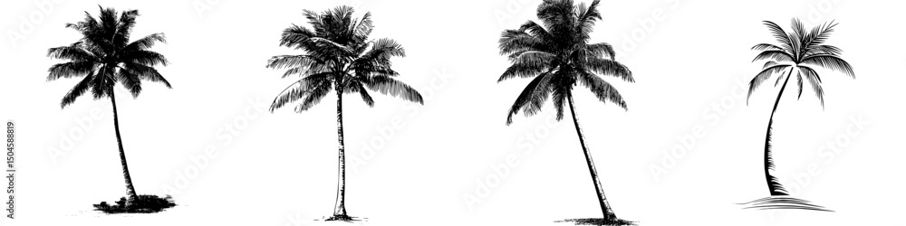 Poster icon set featuring various styles of palm tree illustrations in black and white suitable for design 