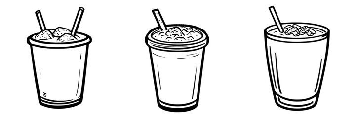 Illustration of a diverse icon set featuring various beverages with ice and straws in a minimalist style