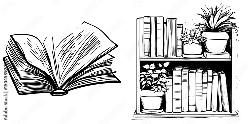 Poster icon set showcasing an open book and a bookshelf filled with plants and various books