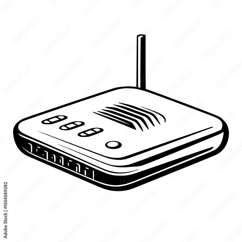 Aufkleber icon set featuring a wireless router design with buttons and an antenna for digital connectivity