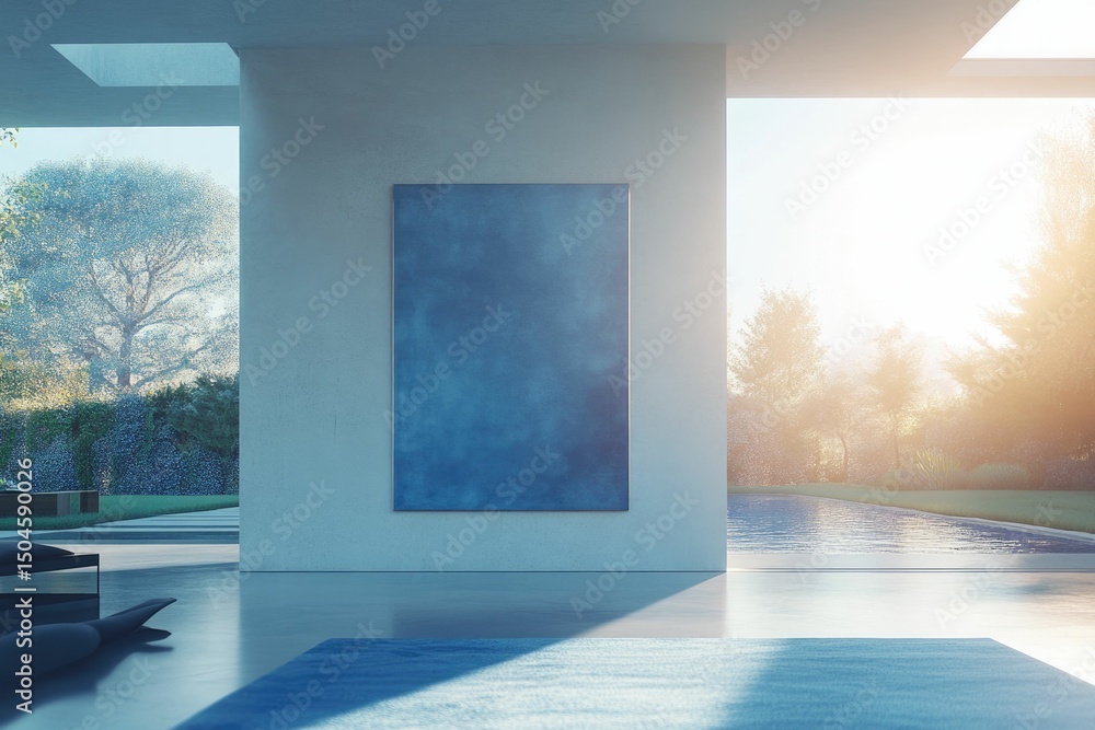 Poster modern minimalist room with large window overlooking a tranquil pool and garden, featuring a serene 