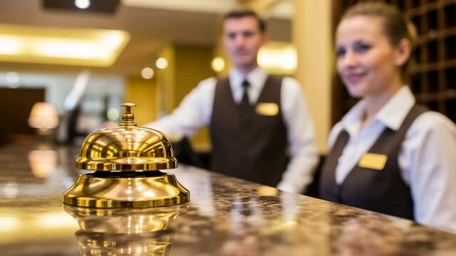 Bell call for staff, Hotel receptionists at work, providing service, with copy space