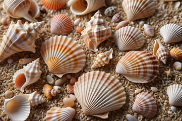 Close-Up of Seashells and Sand — Natural Summer Beach Texture Background

