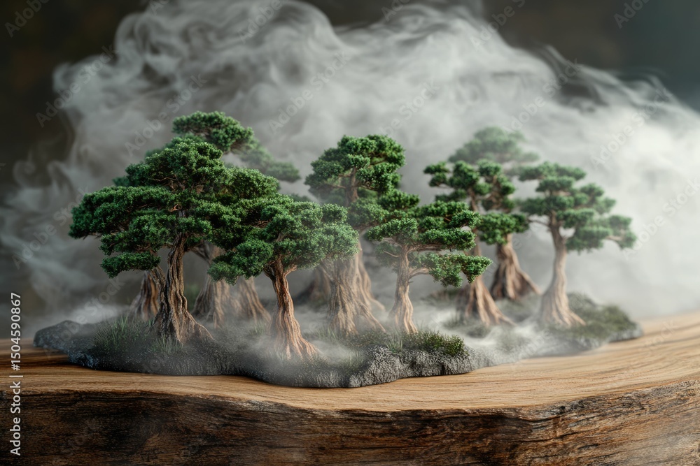 Poster miniature forest scene with bonsai trees enveloped in mist, creating a serene and mystical atmospher