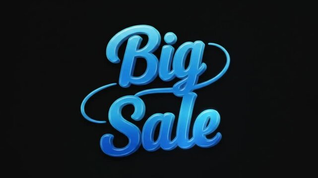 A glossy blue big sale text with a dark background promoting discounts and special offers now