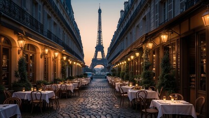 Parisian bistro tables, cobblestone street, evening ambiance, outdoor dining	
