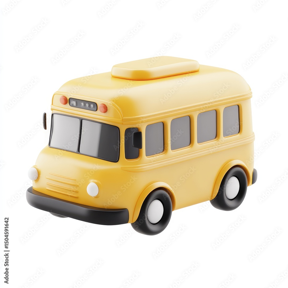 Poster a three-dimensional rendering of a yellow school bus toy.