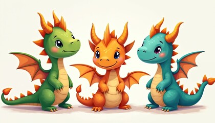 Naklejka premium Illustration of three adorable, colorful dragons. Cute cartoon characters with green, orange, blue scales. Joyful fantasy art, perfect children illustration, suitable for kids books, animation,