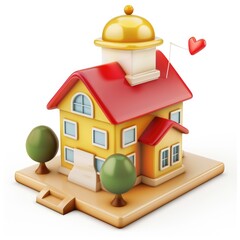 Colorful miniature home with red roof and yellow walls.