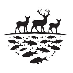 Silhouette of Deer and Fish Wildlife Scene – Nature Vector Illustration