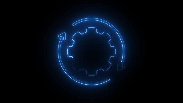 Operating system upgrade concept, software updating and process . Glowing neon gear setting icon animation on black background.