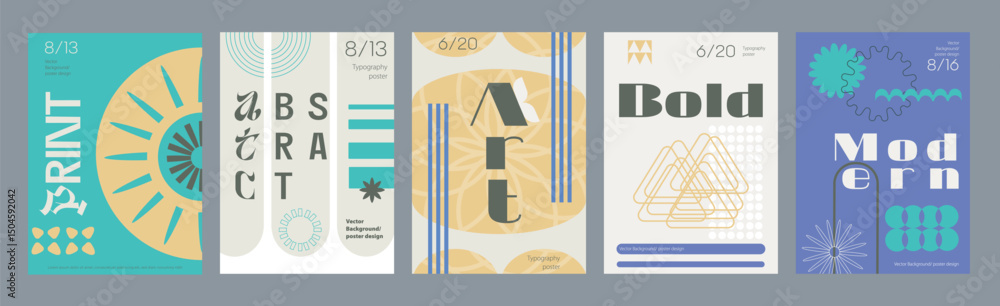 Poster minimalism geometric poster cover set. a4 banners with brutalism bold shapes, star or flower element