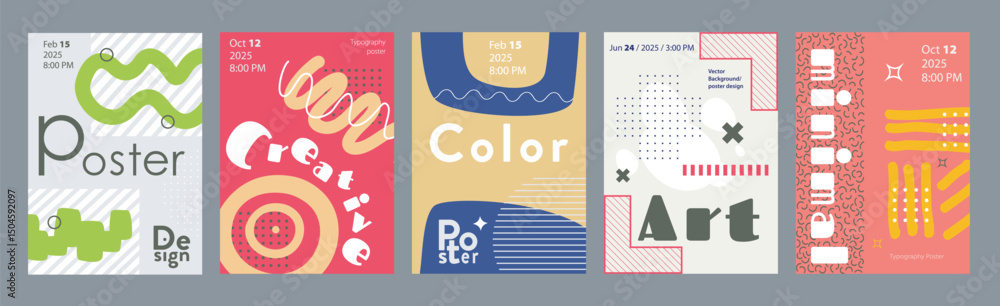 Aufkleber minimalism geometric poster cover set. a4 banners with brutalism elements, colourful curve and wave 
