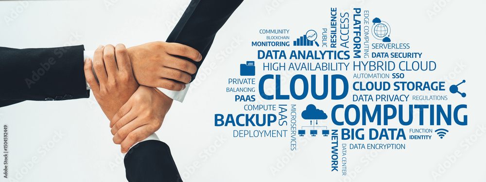 Poster two hands join in collaboration over cloud computing concepts, highlighting essential keywords such 