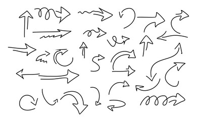 Hand-drawn black arrows with cute curves and a scribbled texture. Against a solid white background, these arrows point in different directions.