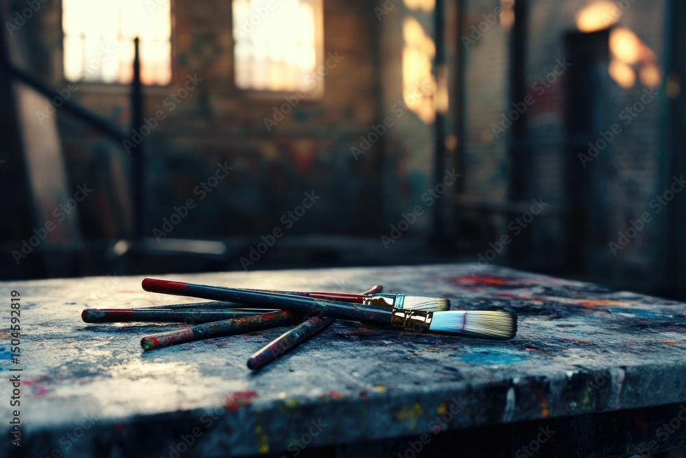 Poster paintbrushes rest on a paint-splattered table in a rustic art studio, bathed in soft sunlight.