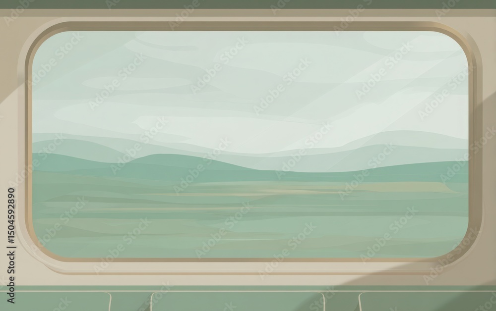 Poster flat vector-style background of train window showing soft-moving landscape, muted tones of green and
