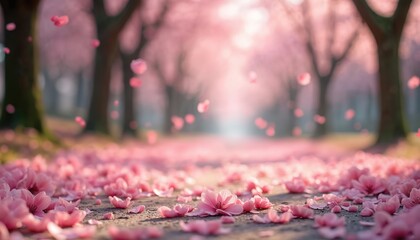 Pink cherry blossoms fall on path in forest. Blooming spring season. Flower petals create soft pink carpet. Pathway leads through trees, creating beautiful floral scenery of nature springtime.
