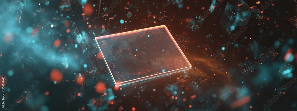 Poster floating holographic blank form surrounded by digital data particles, sci-fi office environment, hig