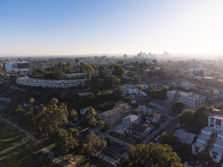 Drone View of Residential West Los Angeles with Hazy Skyline at Sunset