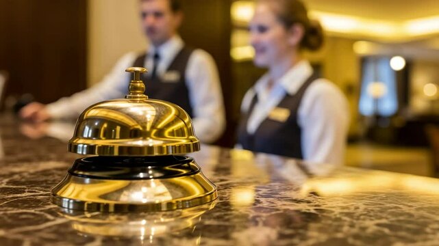 Bell call for staff, hotel receptionists at work, providing service, with copy space