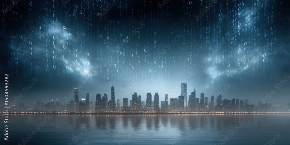 Poster futuristic ai-generated cityscape at night with binary code subtly embedded in the sky, cool digital