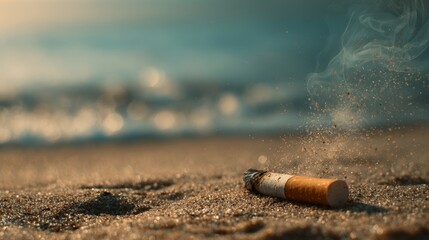 Burnt cigarette butt lying on sand
