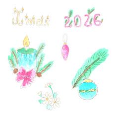 New Year 2026, Christmas, holidays. Watercolor set illustration, hand drawn modern freehand new