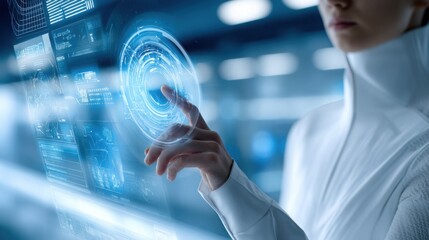 Futuristic bank holographic interface client interacting with virtual advisor high-tech environment innovation security blue and silver colors dynamic composition 