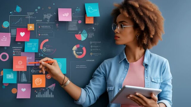 Creative brainstorming session in a modern workspace with sticky notes and digital charts