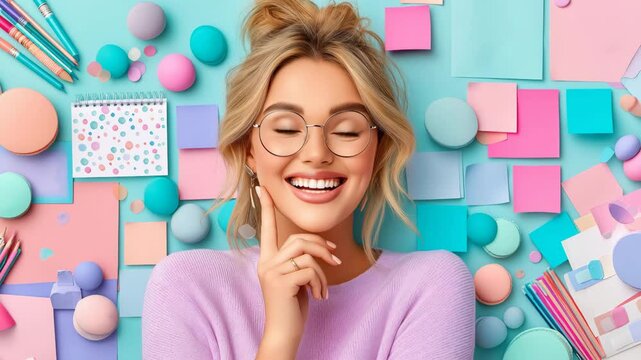 Cheerful woman smiles while surrounded by colorful stationery and craft supplies in a bright creative space