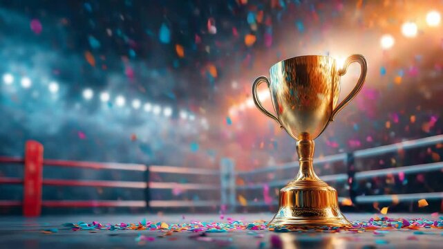 Championship trophy displayed in an empty boxing ring after a thrilling match with colorful confetti