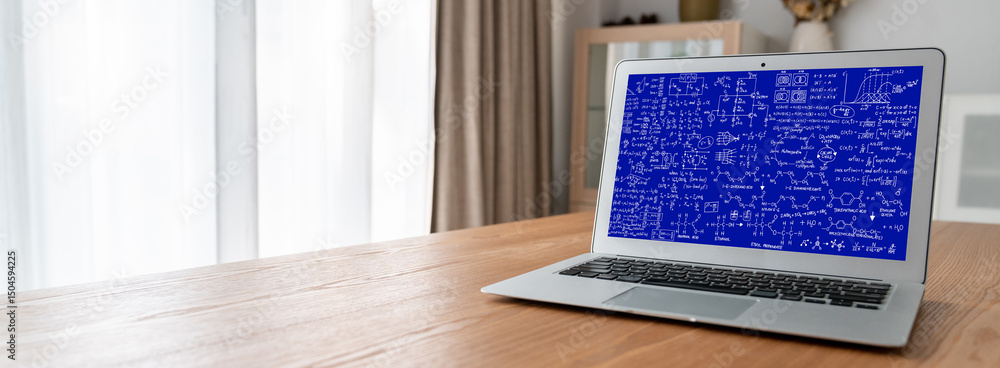 Poster mathematic equations and modish formula on computer screen showing concept of science and education