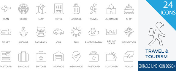 A clean and modern line icon set tailored for travel and tourism themes. Features essential travel elements such as plane, passport, globe, luggage, hotel, ticket, and navigation. © Nagma